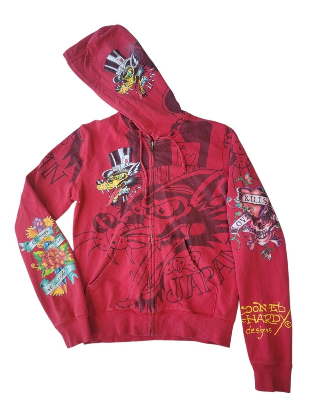 Vintage Y2K Ed Hardy Red Graphic Love Kills Slowly Hoodie Wolf Panther Small